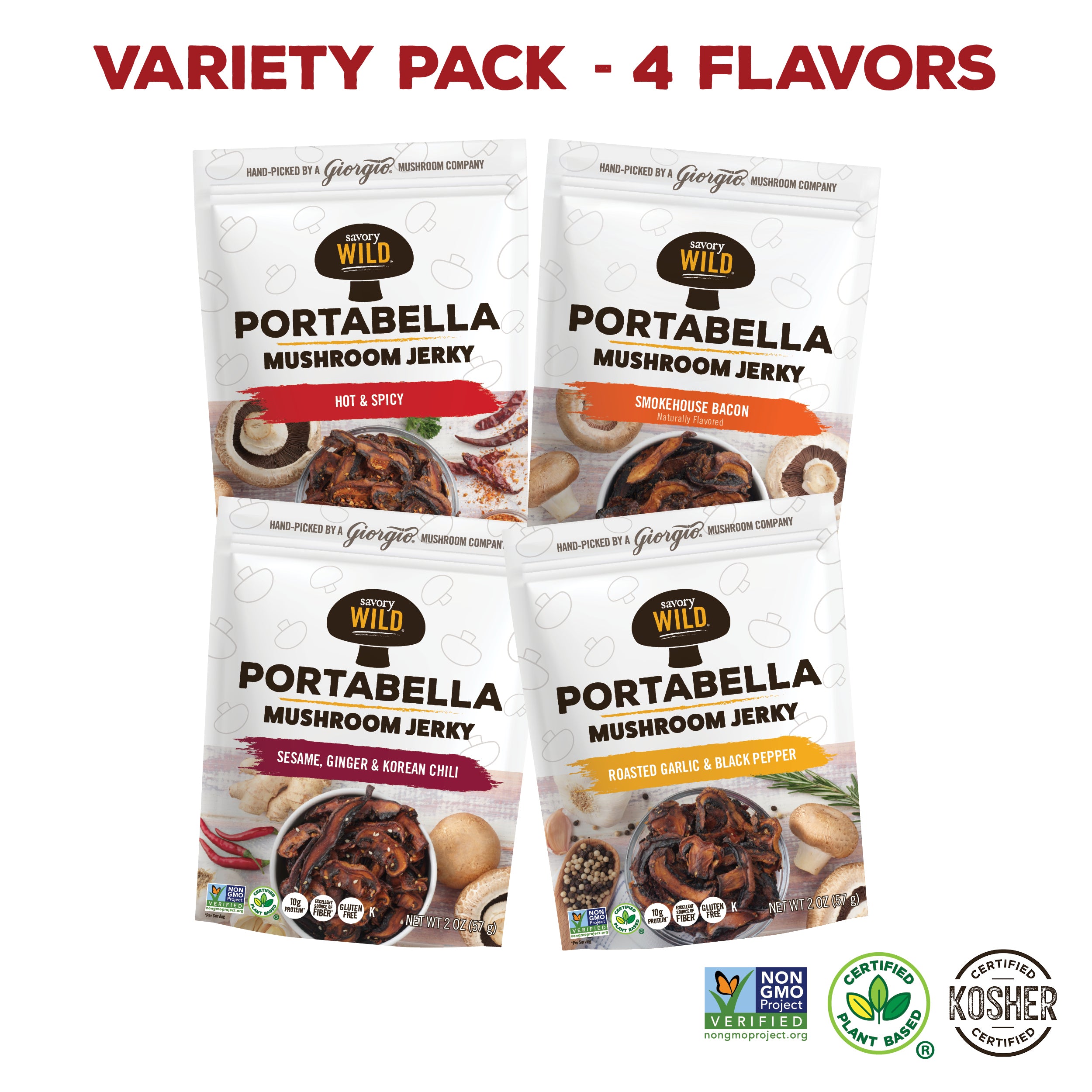 Savory Wild Vegan Portabella Jerky Variety Flavor 4 Pack Foods